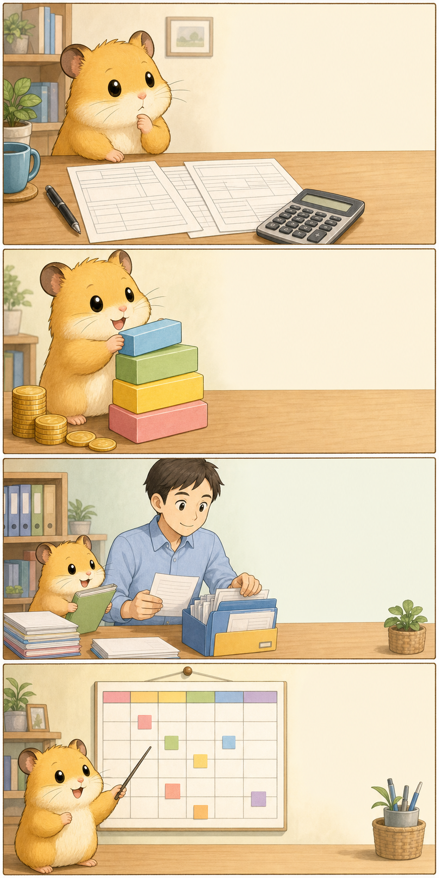 ここちゃんが所得税の基礎控除、年末調整、書類確認、スケジュールを説明する4コマ漫画