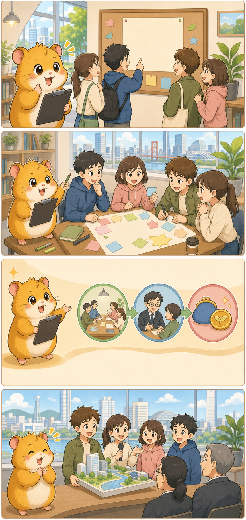 ここちゃんが北九州市のZ世代アイデアコンテスト2026、相談、活動場所、支援の流れを説明する4コマ漫画