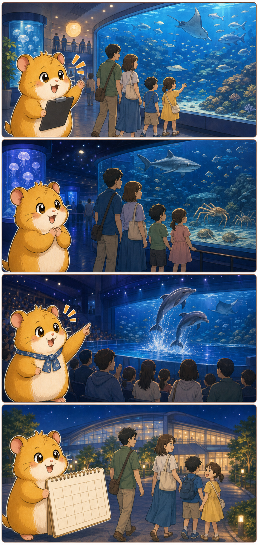 ここちゃんがマリンワールド海の中道の夜のすいぞくかん、夜の展示、ショー、来館前確認を説明する4コマ漫画
