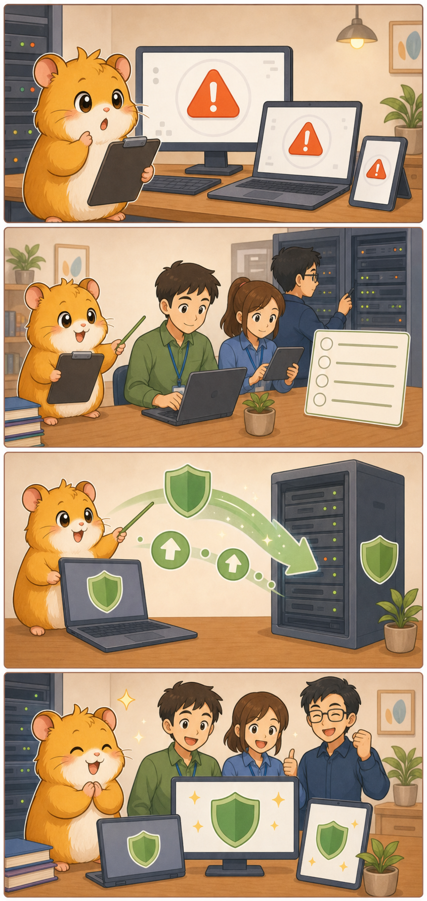 ここちゃんがMicrosoft製品の脆弱性対策、更新確認、端末とサーバーのパッチ適用を説明する4コマ漫画