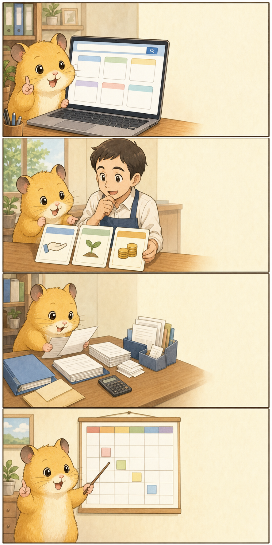ここちゃんが中小企業支援施策の探し方、条件確認、書類整理、締切確認を説明する4コマ漫画