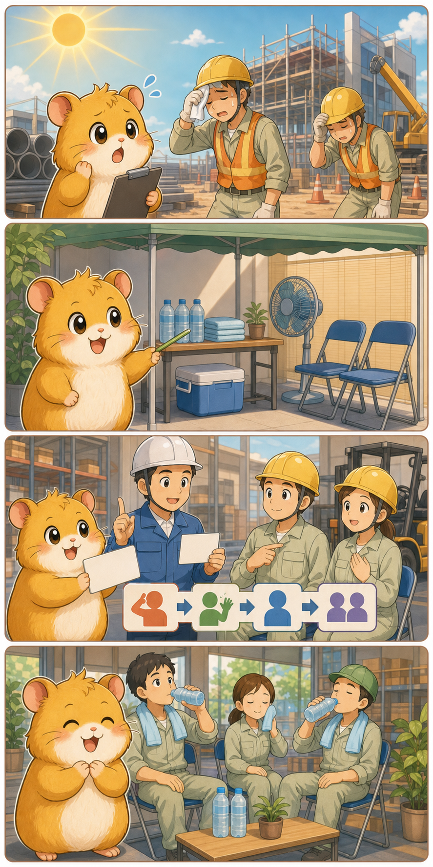 ここちゃんが職場の熱中症対策、休憩場所、水分補給、報告体制を説明する4コマ漫画